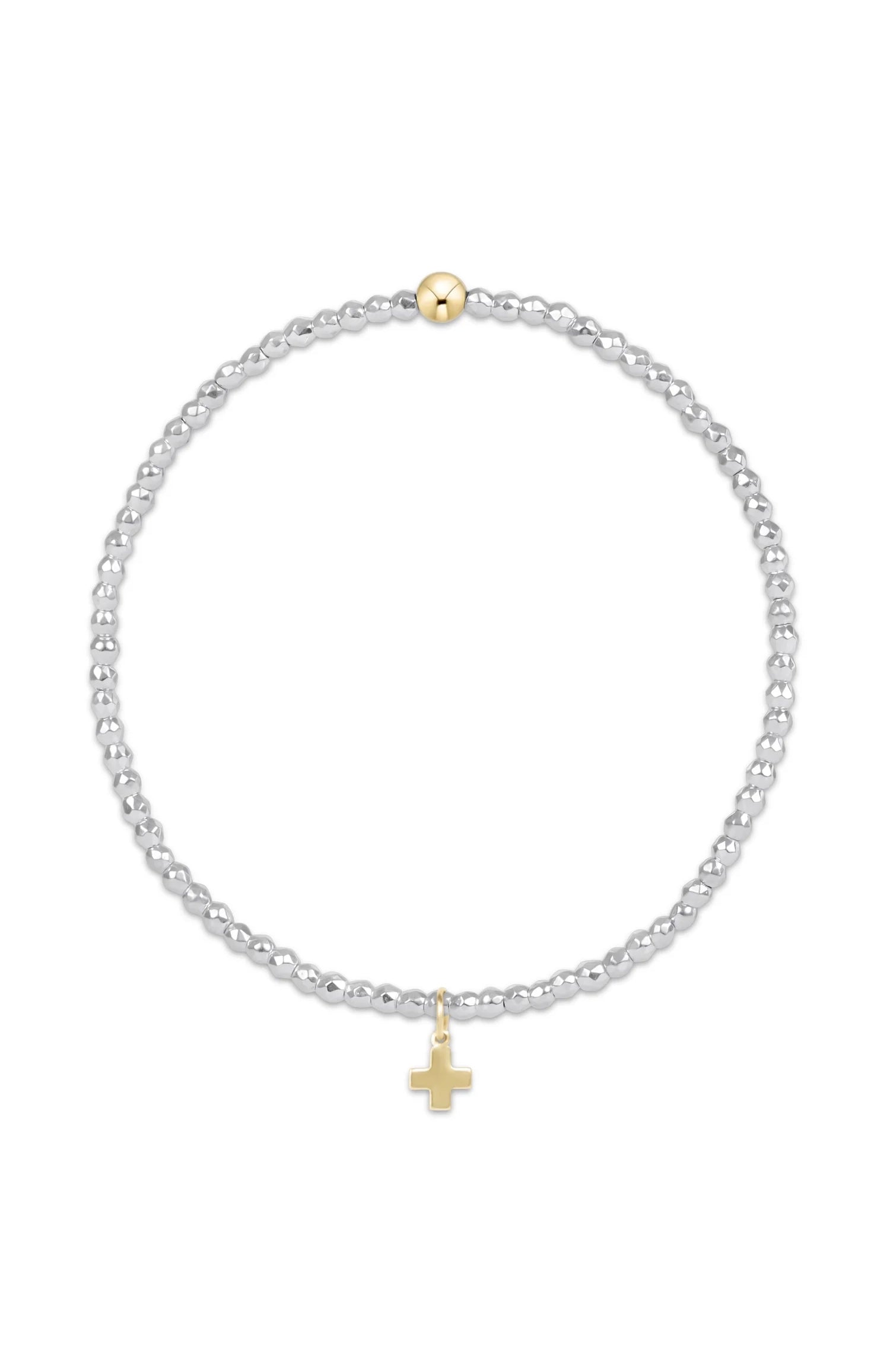 Bright Silver Faceted Hematite 2mm Bead Bracelet - Signature Cross Gold Charm
