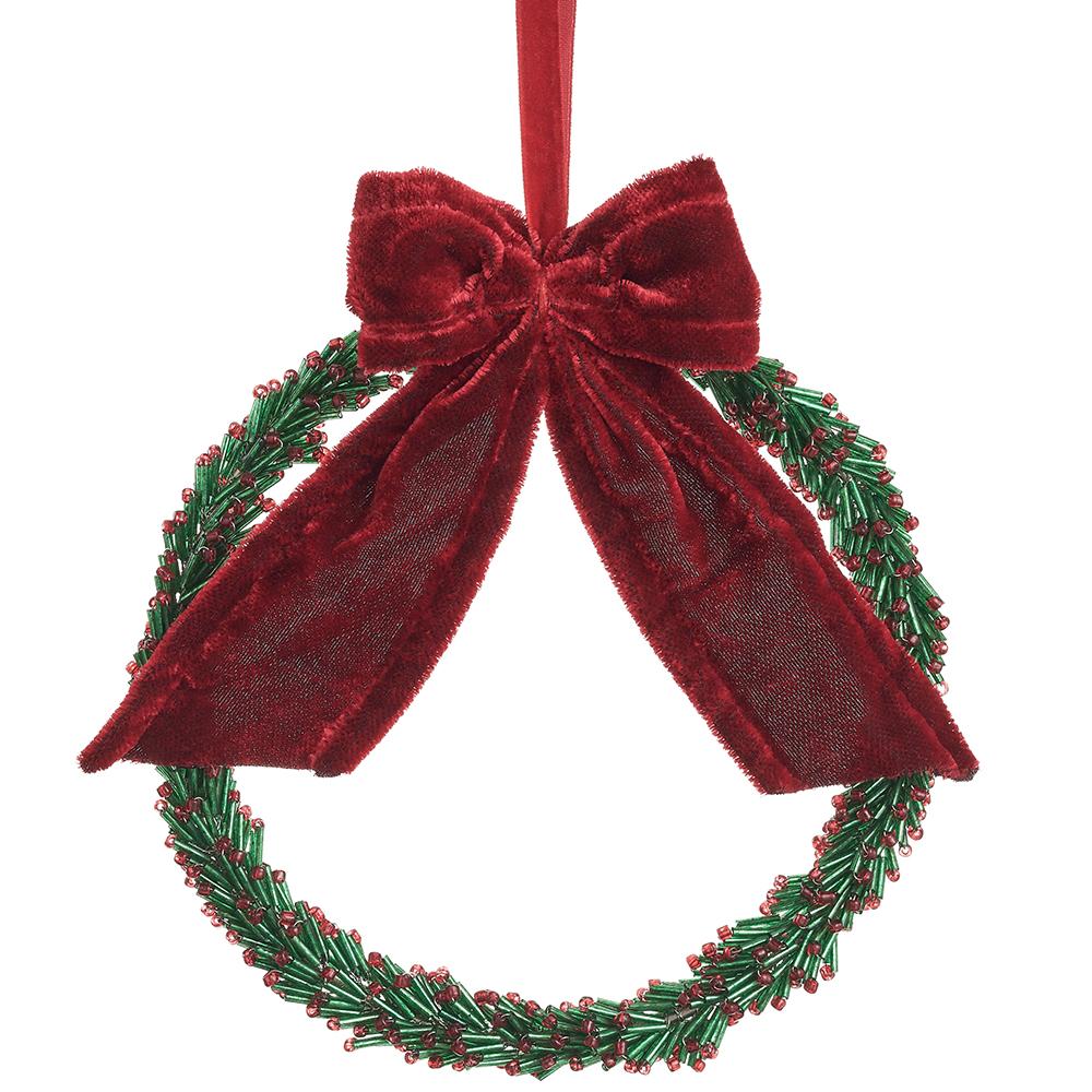 Beaded Wreath Ornament with Bow, 6.5"