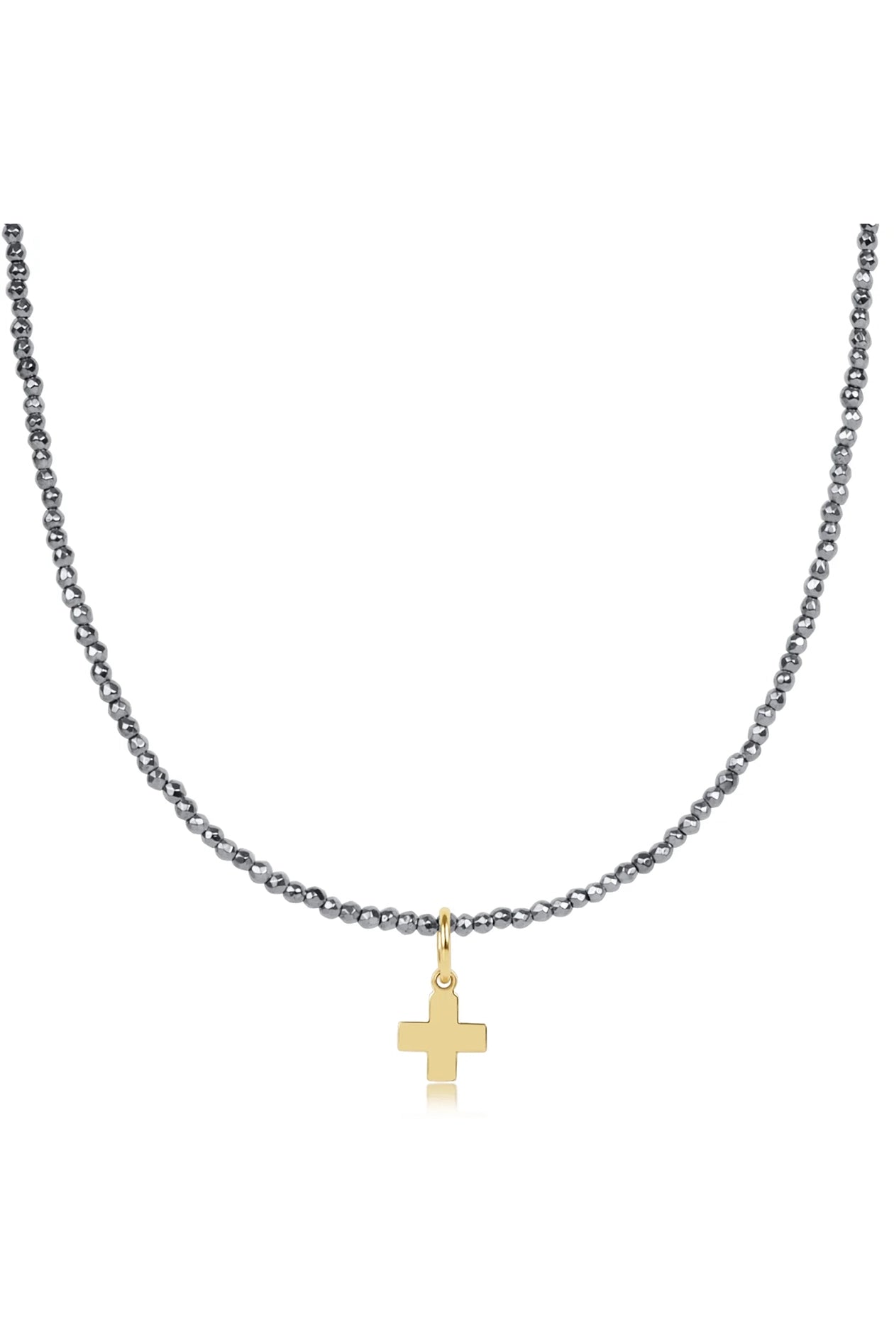 15" Choker Silver Faceted Hematite 2mm Bead - Signature Cross Gold Charm