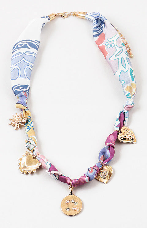 Heart Charms Scarf Necklace - Purple