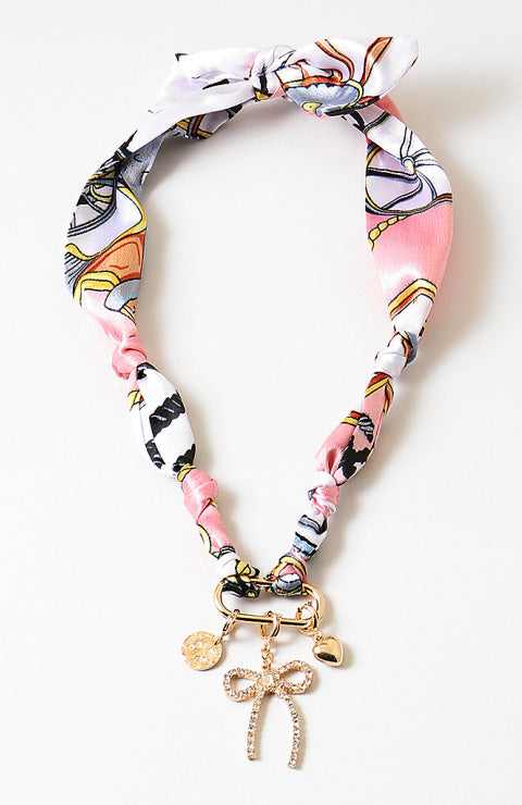 Bow Charm Scarf Necklace - Pink