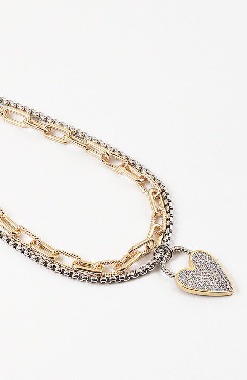 Mixed Metal Heart Charm Link Necklace