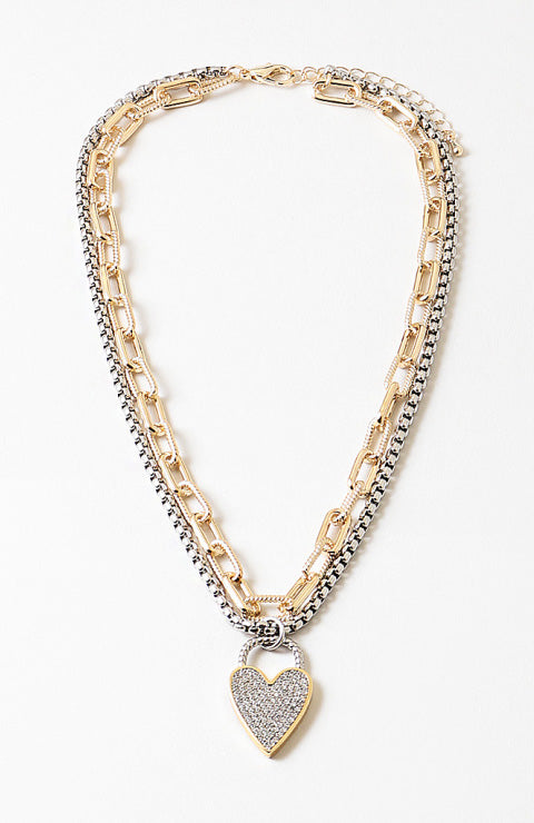 Mixed Metal Heart Charm Link Necklace