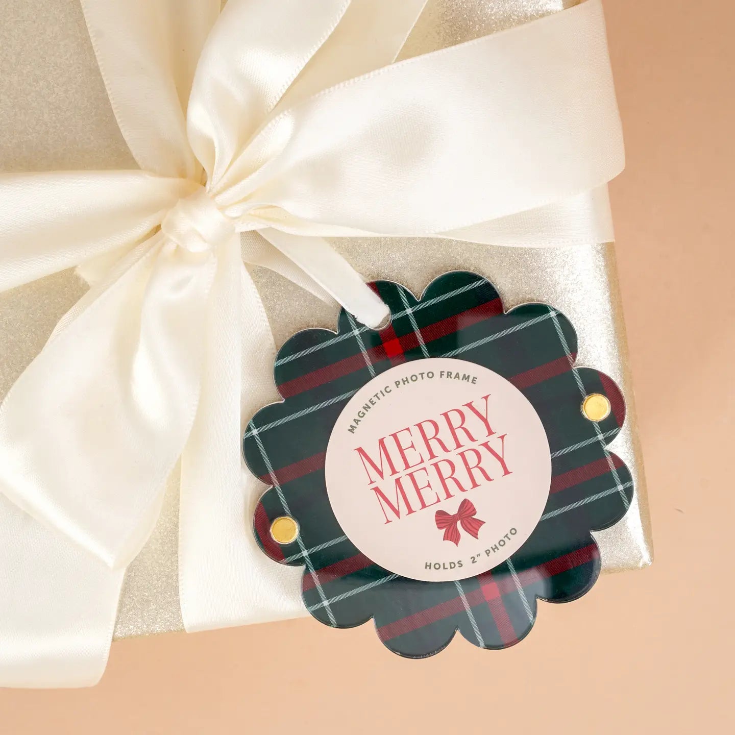 Scalloped Round Picture Frame Ornament - Evergreen Plaid