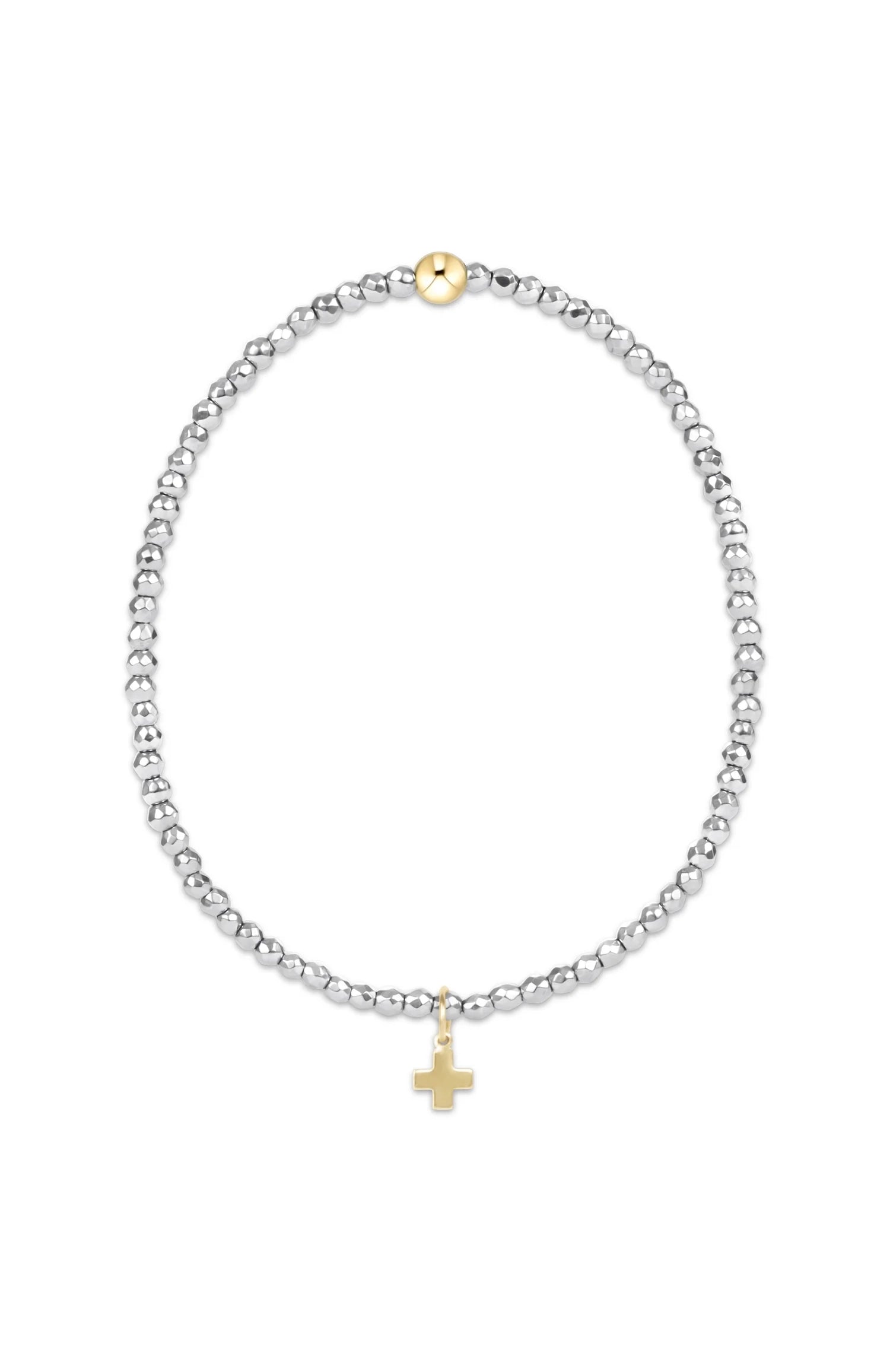 Silver Faceted Hematite 2mm Bead Bracelet - Signature Cross Gold Charm