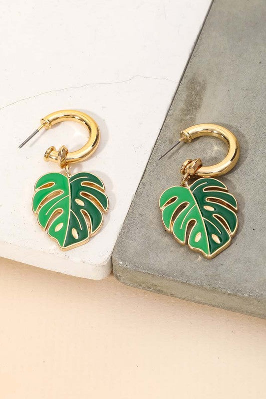 Palm Leaf Dangle Earrings Green