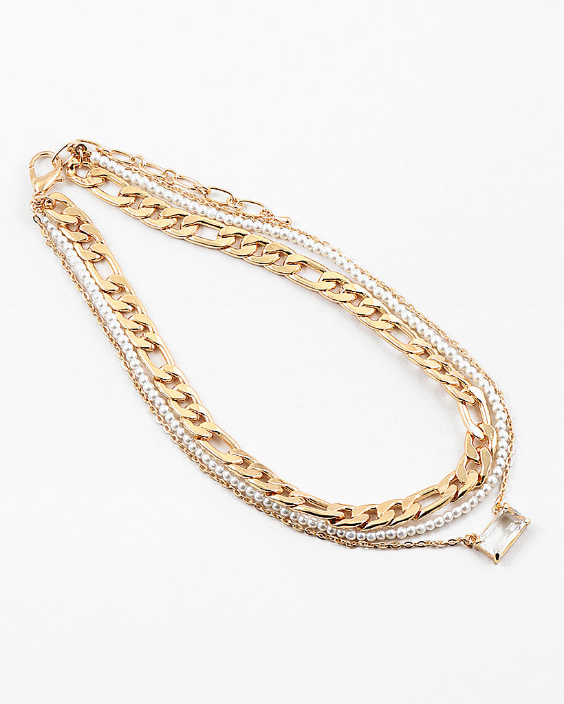Multi Pearl & Cuban Chain Necklace