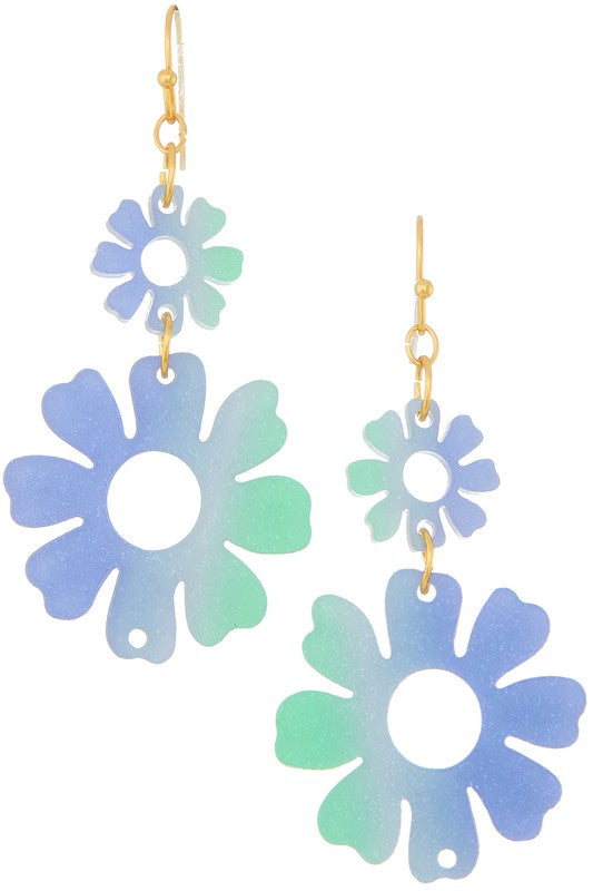 Blossom Flower Linked Earrings Gold/Blue