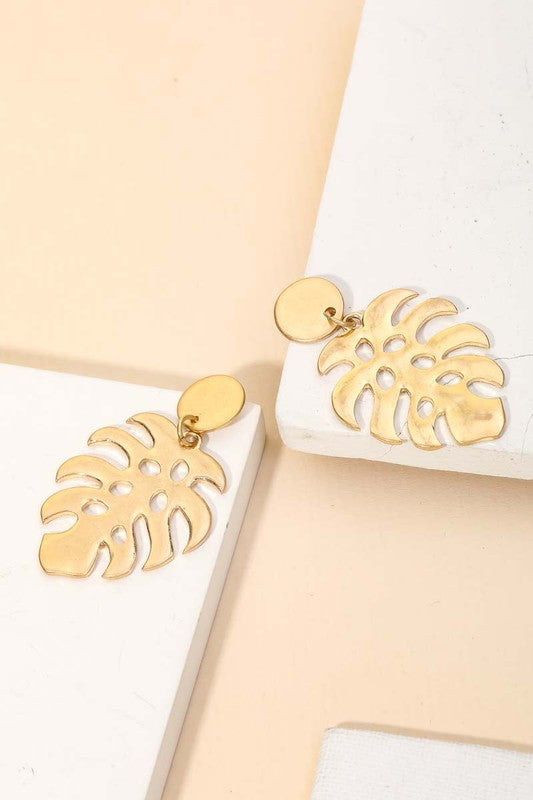 Monstera Leaf Drop Gold Earrings