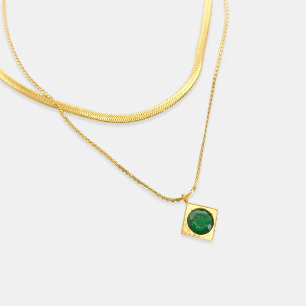 Double Layer Gold Chain Emerald Gem Pendant