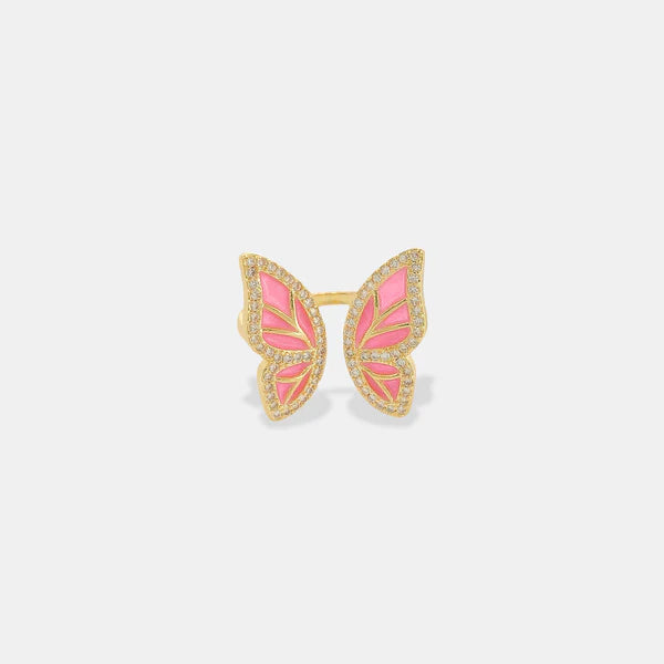 Enamel Butterfly Ring Duo Pink